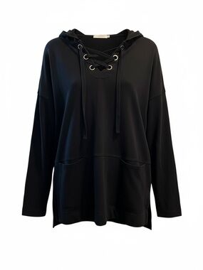 Mododoc Women's Black Lace-Up Hooded Pullover Sweatshirt
